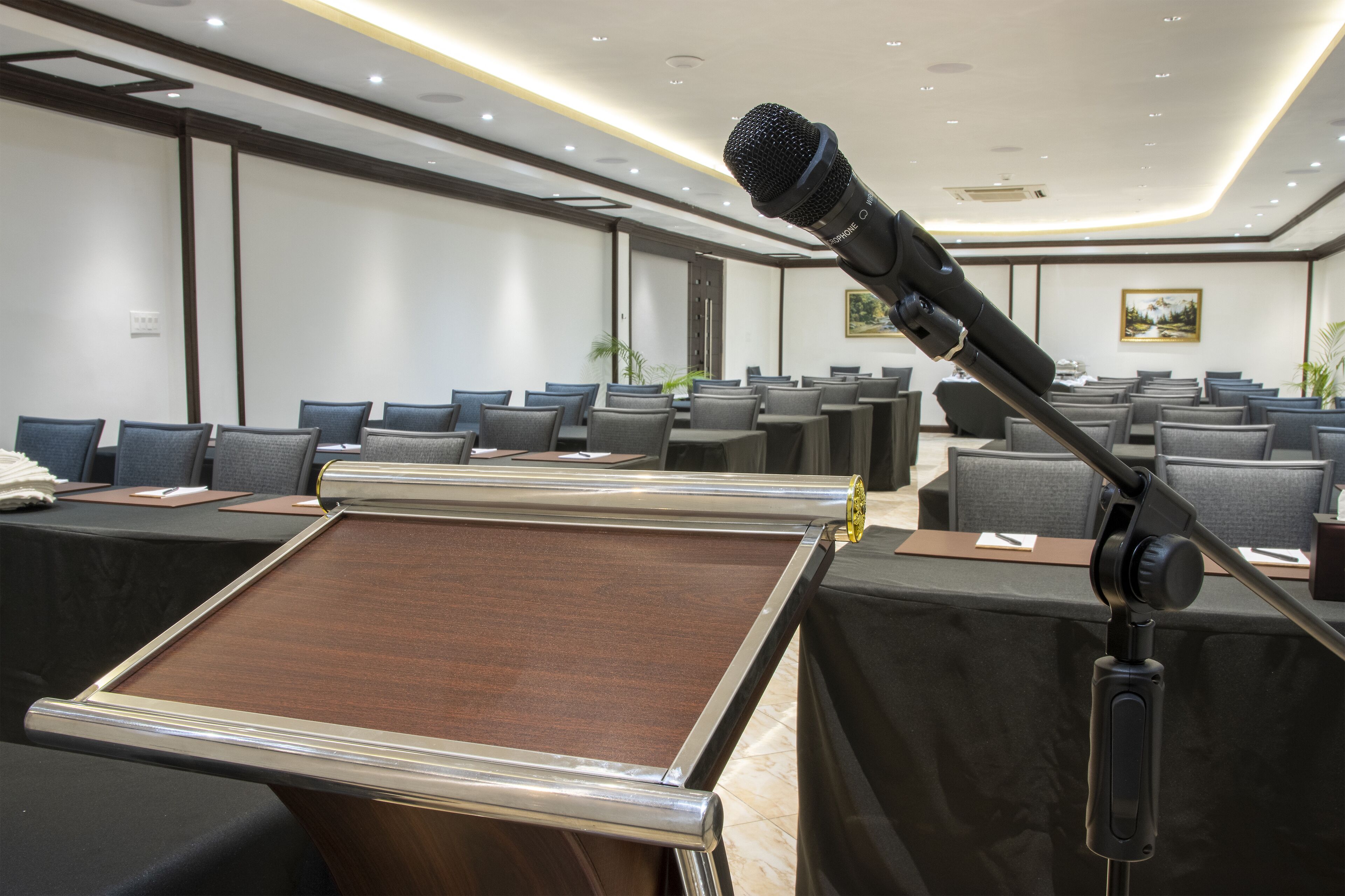 A conference room with a large table, rows of chairs, and a microphone on a stand.
