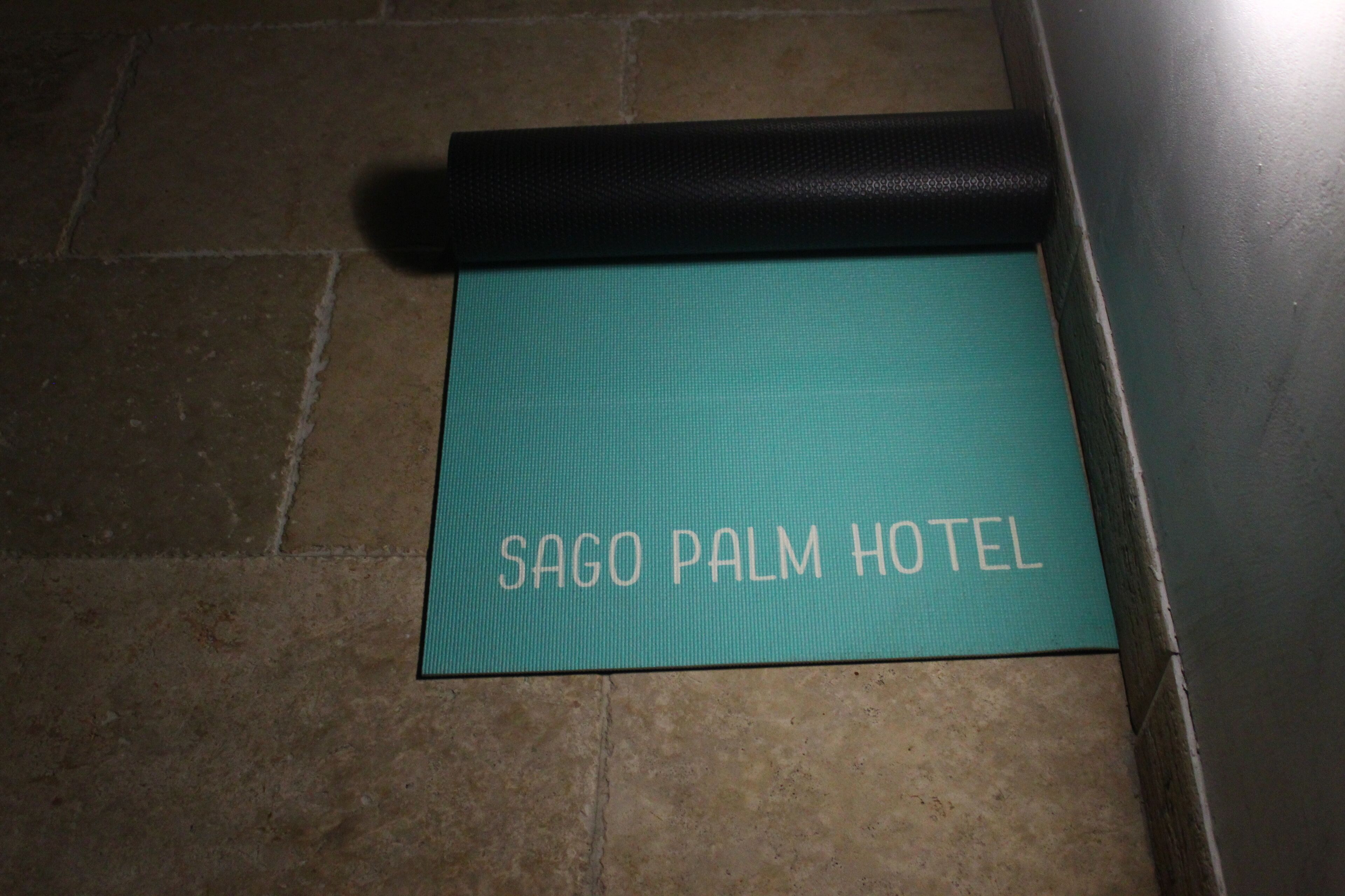 A teal mat with "SAGO PALM HOTEL" text on a tiled floor.