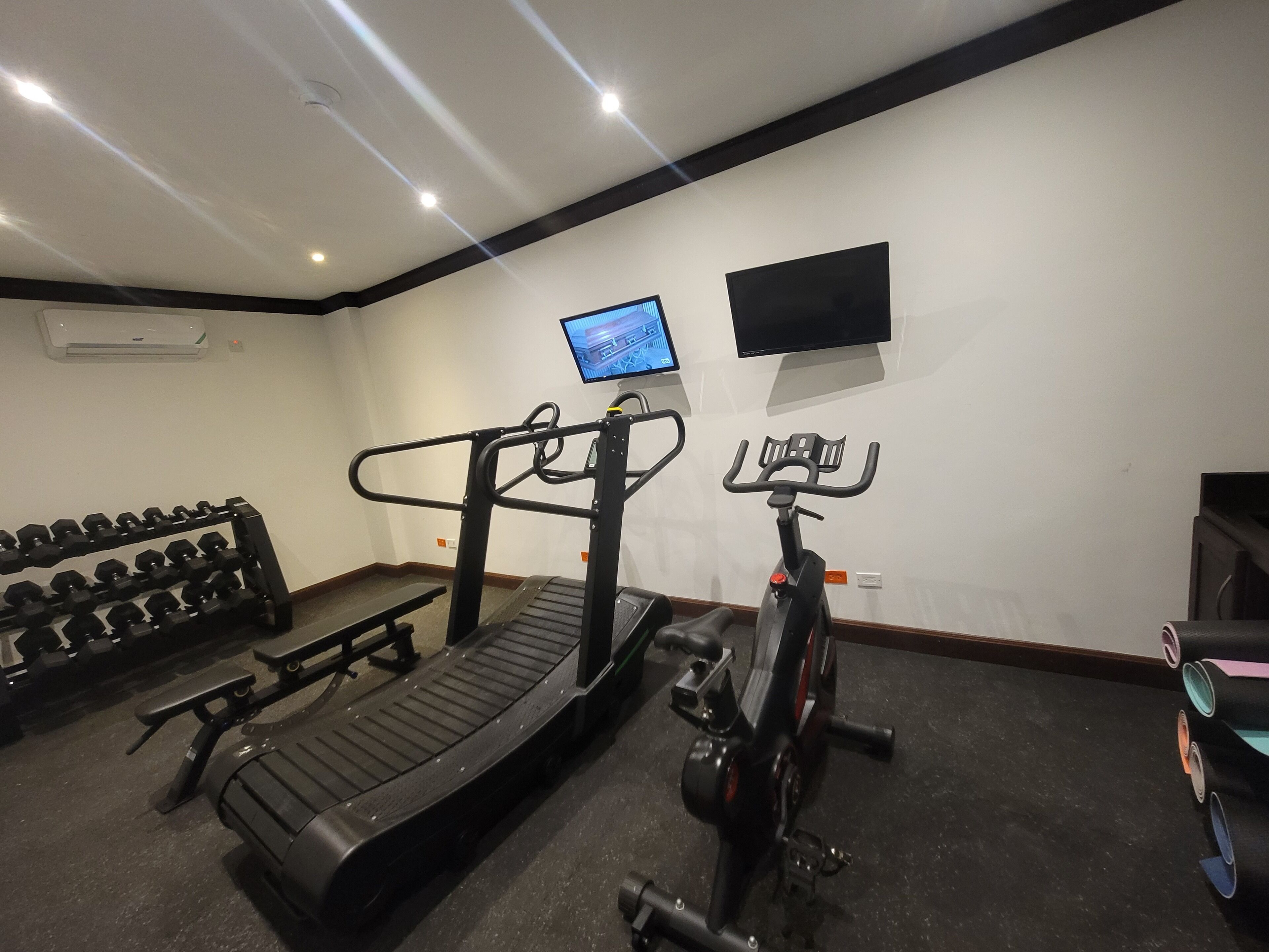 Une salle de sport équipée d’un tapis de course, d’un vélo d’appartement et d’haltères.