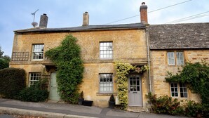 Une maison en pierre à deux étages, avec une porte verte, une antenne parabolique et du lierre qui grimpe sur les murs.