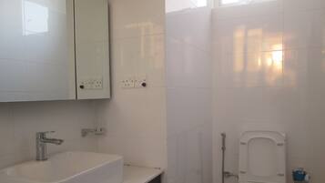 Combined shower/bathtub, bidet, towels, soap