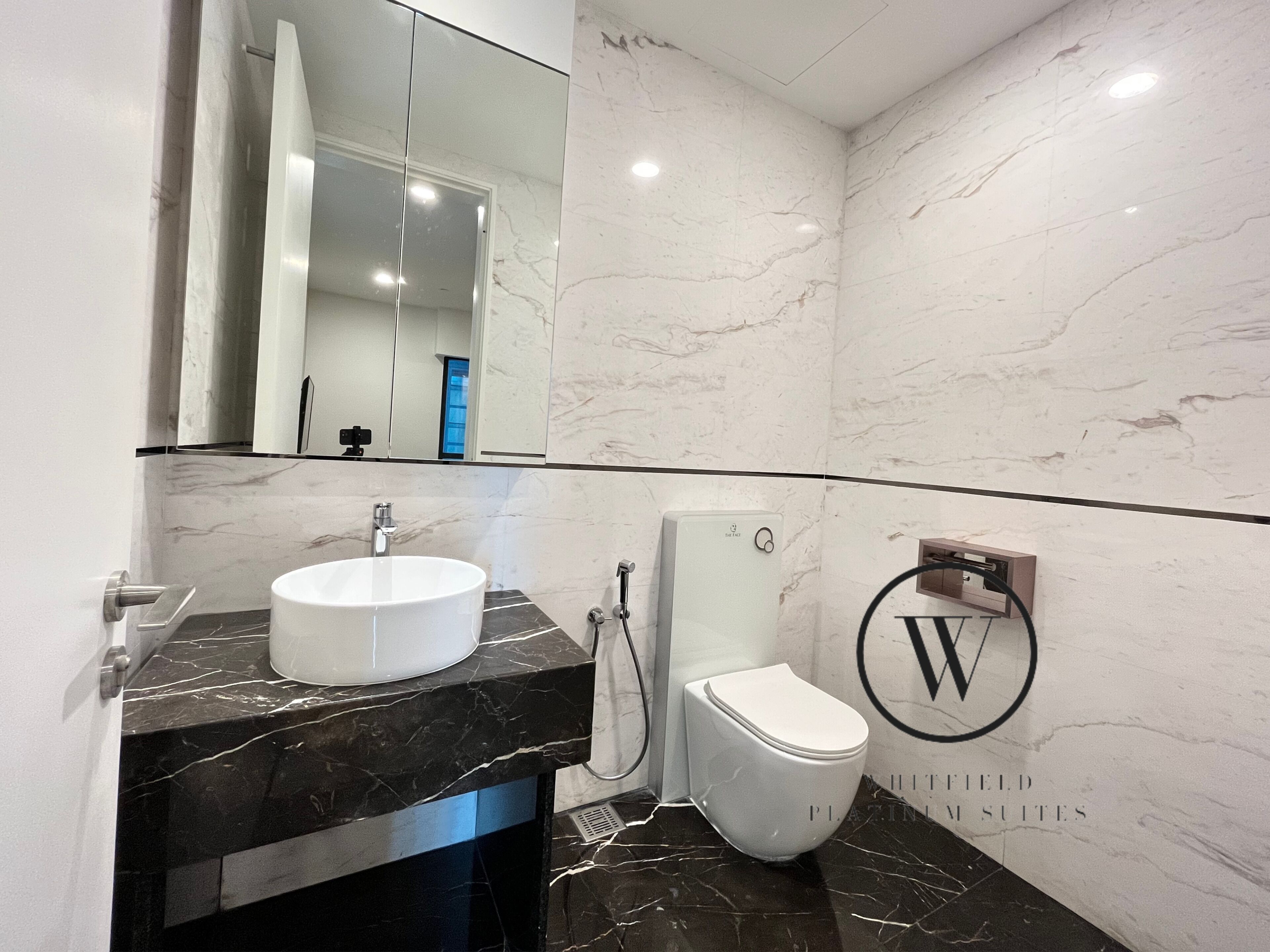Un bagno moderno con un vanità in marmo, un lavabo bianco, un water e un grande specchio.