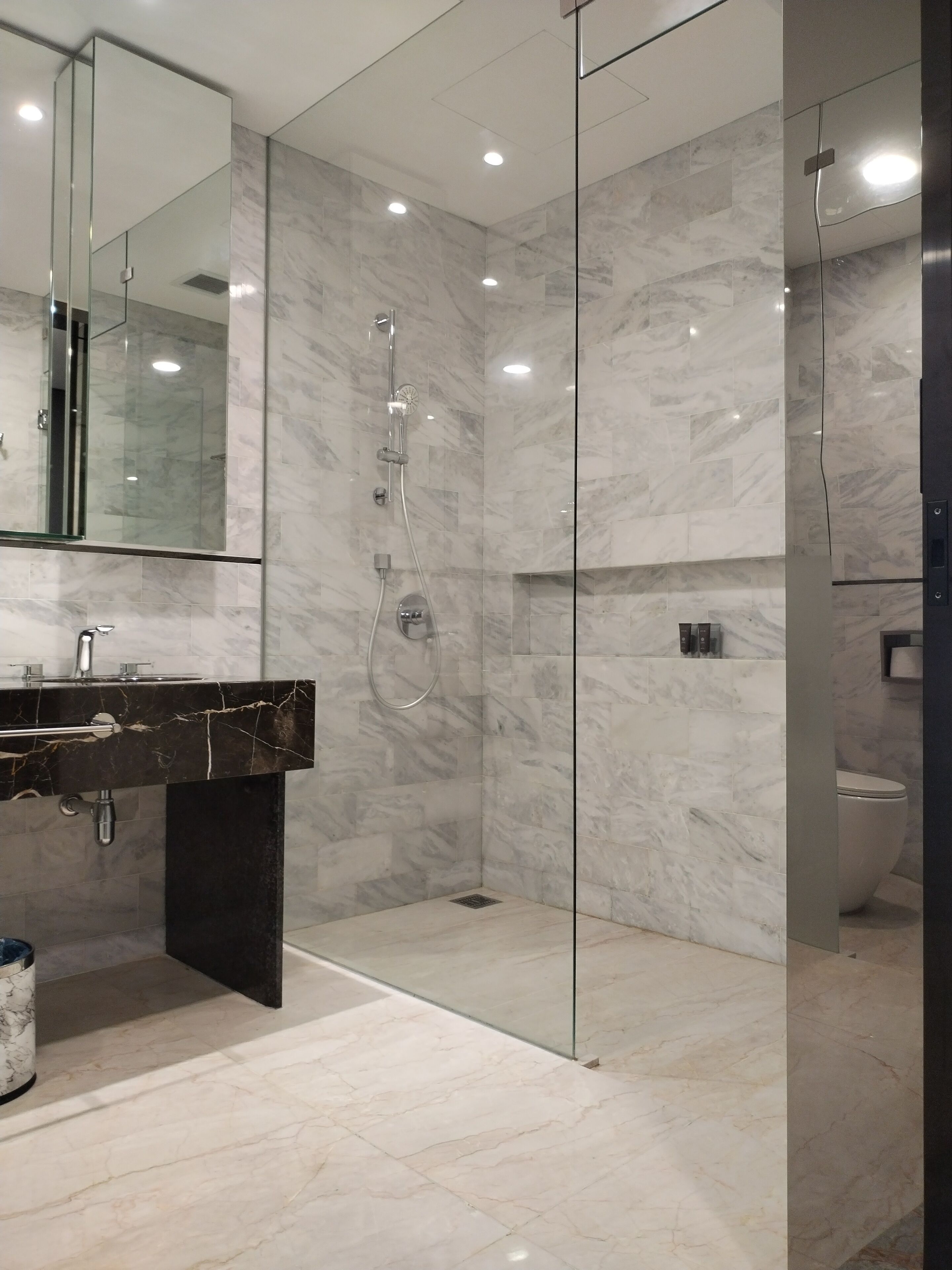 Een moderne badkamer met een marmeren wastafel, een douche met glazen wanden en een toilet.