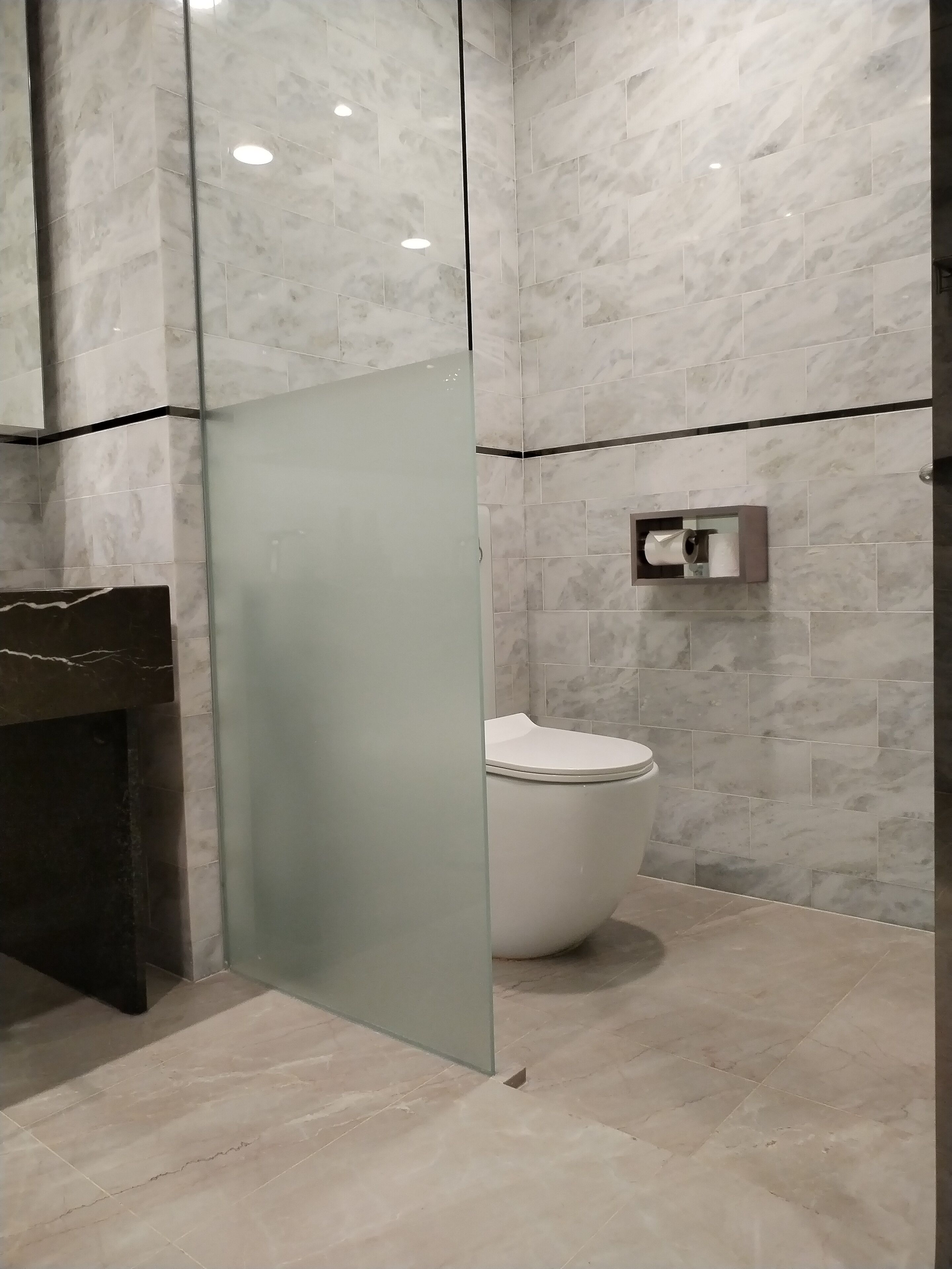 Une salle de bain avec une paroi en verre, des toilettes et un mur recouvert de carreaux de marbre.