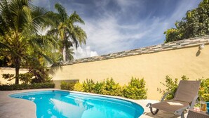 A swimming pool with a curved edge, surrounded by a stone patio and palm trees. - 3-BR Villa w/Pool, 5 min walk to Cabarete Beach (Cabarete)