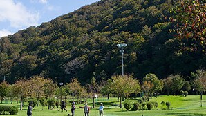 A golf course with players, a fence, and a forested hill in the background.