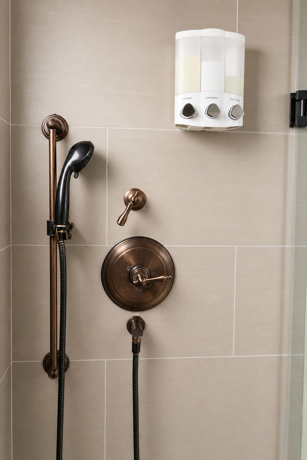 A bathroom with a shower, a handheld showerhead, a wall-mounted faucet, and a soap dispenser.