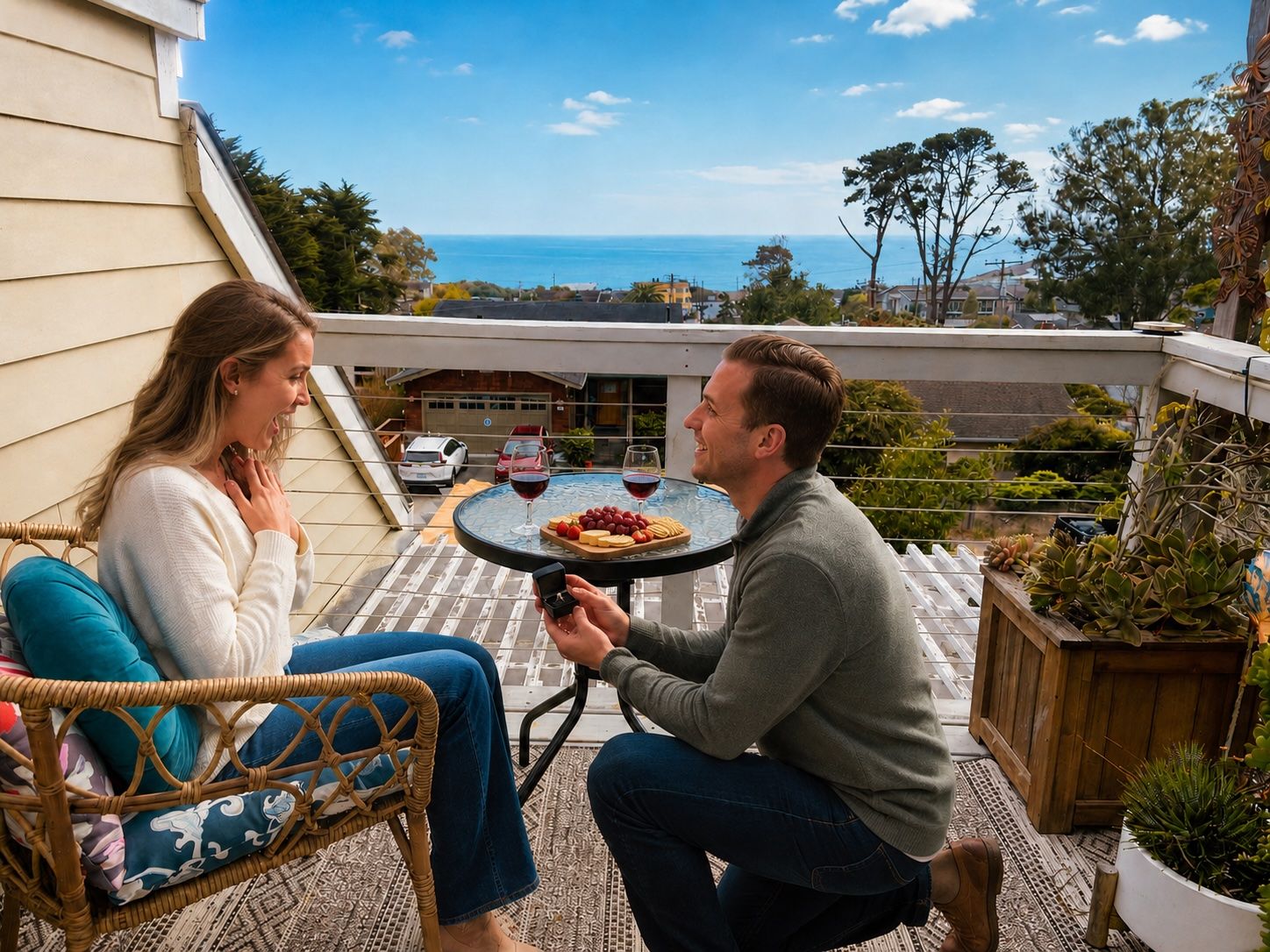 Una pareja en un balcón con una mesa, sillas y vista al mar.