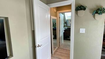 A hallway with a white door, a wall-mounted light switch, and a plant on the wall.