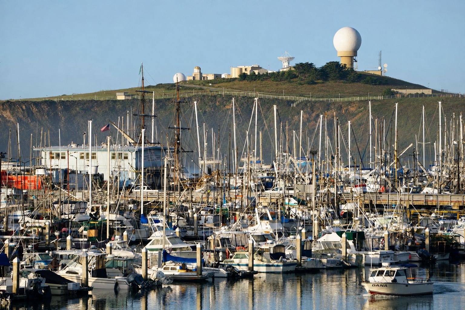 A marina with numerous boats docked, a hill with buildings and a large spherical structure in the background.