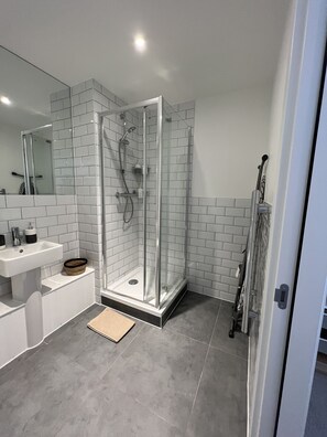Bathtub, hair dryer, towels, soap