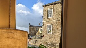 A window with a view of a stone building, a street, and a plant in a window box.