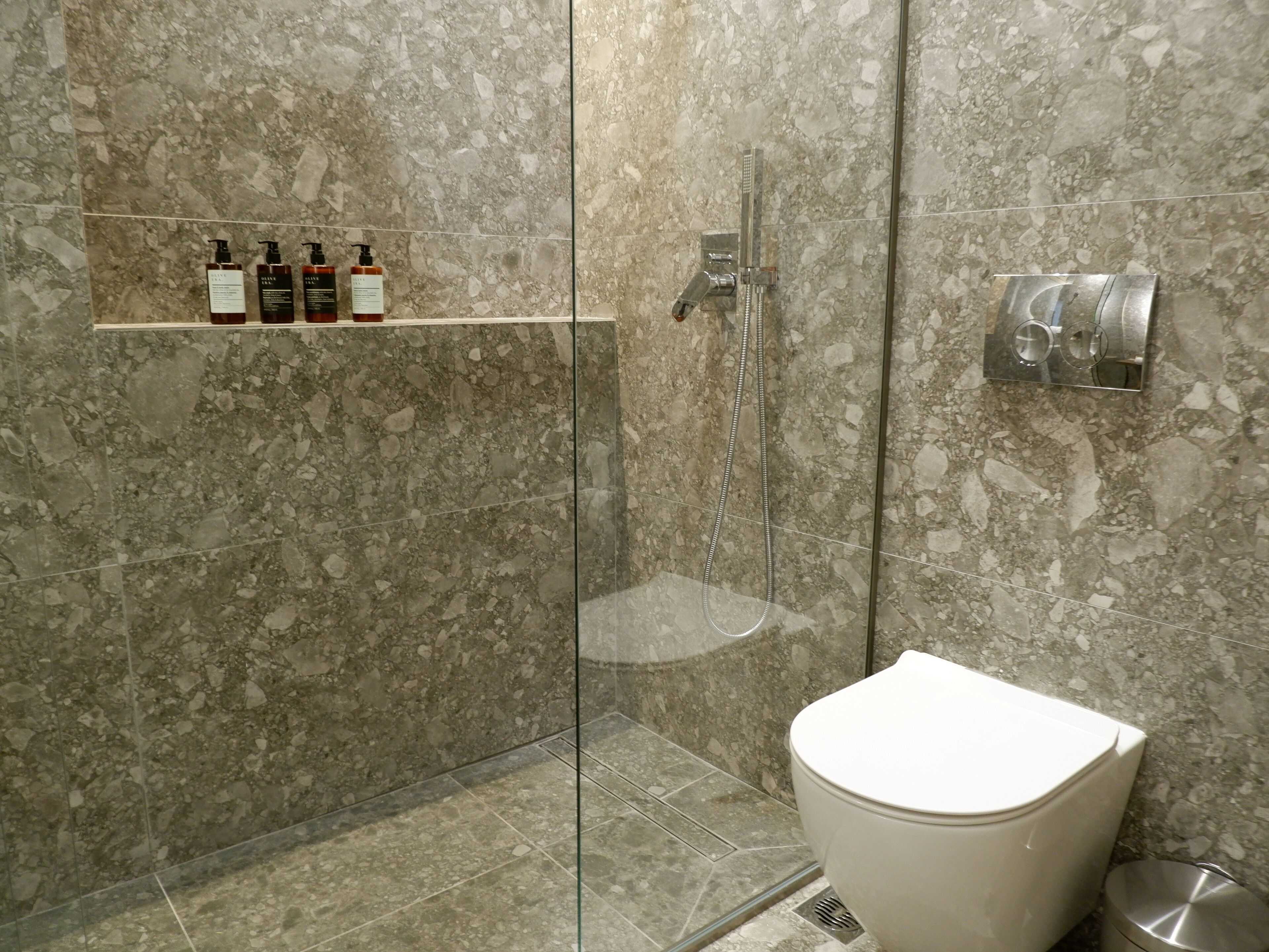 A bathroom with a glass-enclosed shower, a toilet, and a shelf with toiletries.