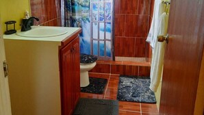 A bathroom with a wooden floor, a sink, a toilet, and a shower area.