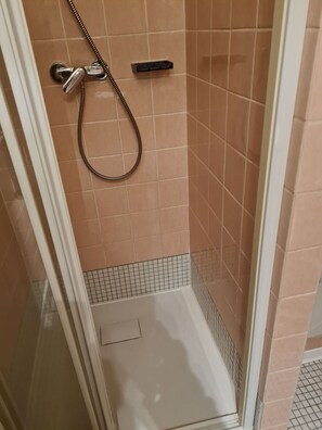 Regadera, secadora de cabello, papel de baño 