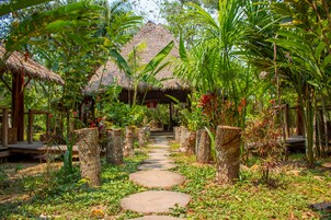 Un sendero en un jardín tropical que conduce a una estructura con techo de paja.