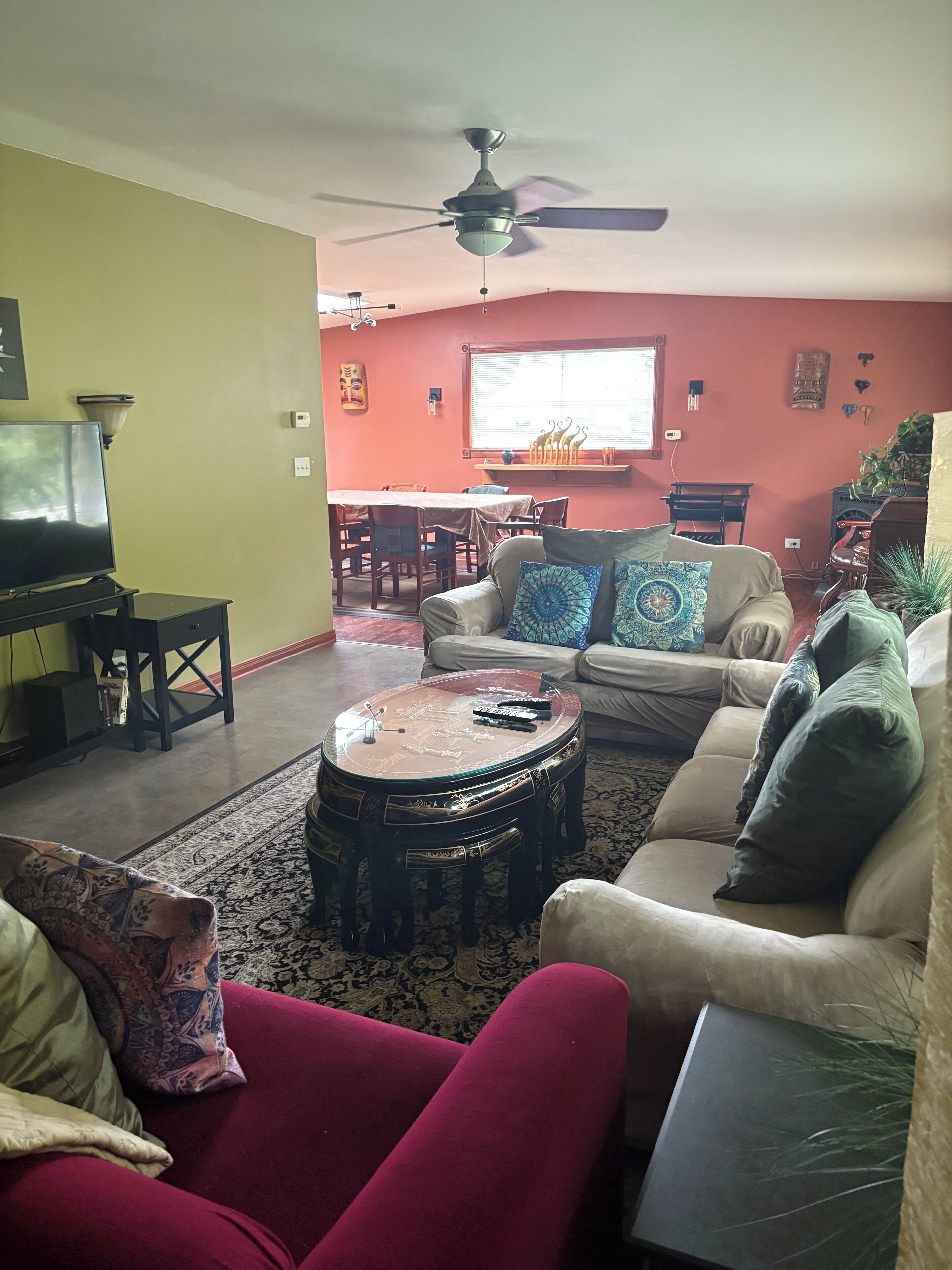 Smart TV, fireplace, books