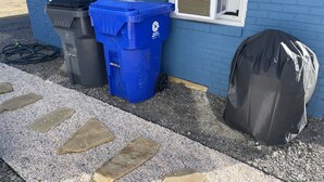 Zwei blaue Mülltonnen und ein schwarzes, abgedecktes Objekt an einer blauen Gebäudewand.