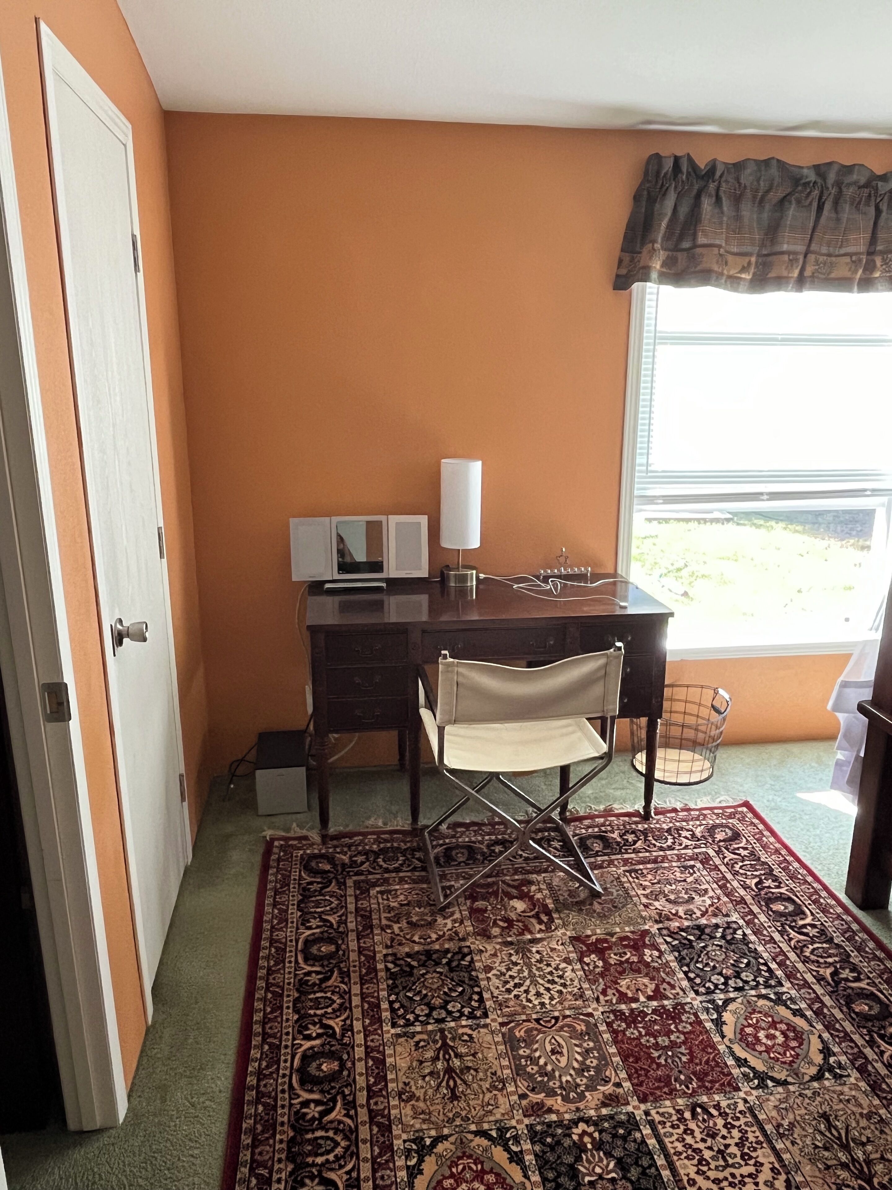 A room with an orange wall, a desk with a lamp, a chair, a rug, and a window with a view of greenery.