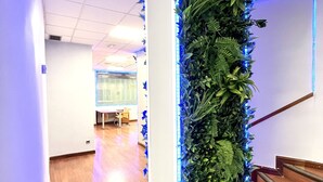A hallway with a vertical garden wall, wooden flooring, and a staircase to the right. - Hostel Thirty One (Madrid)