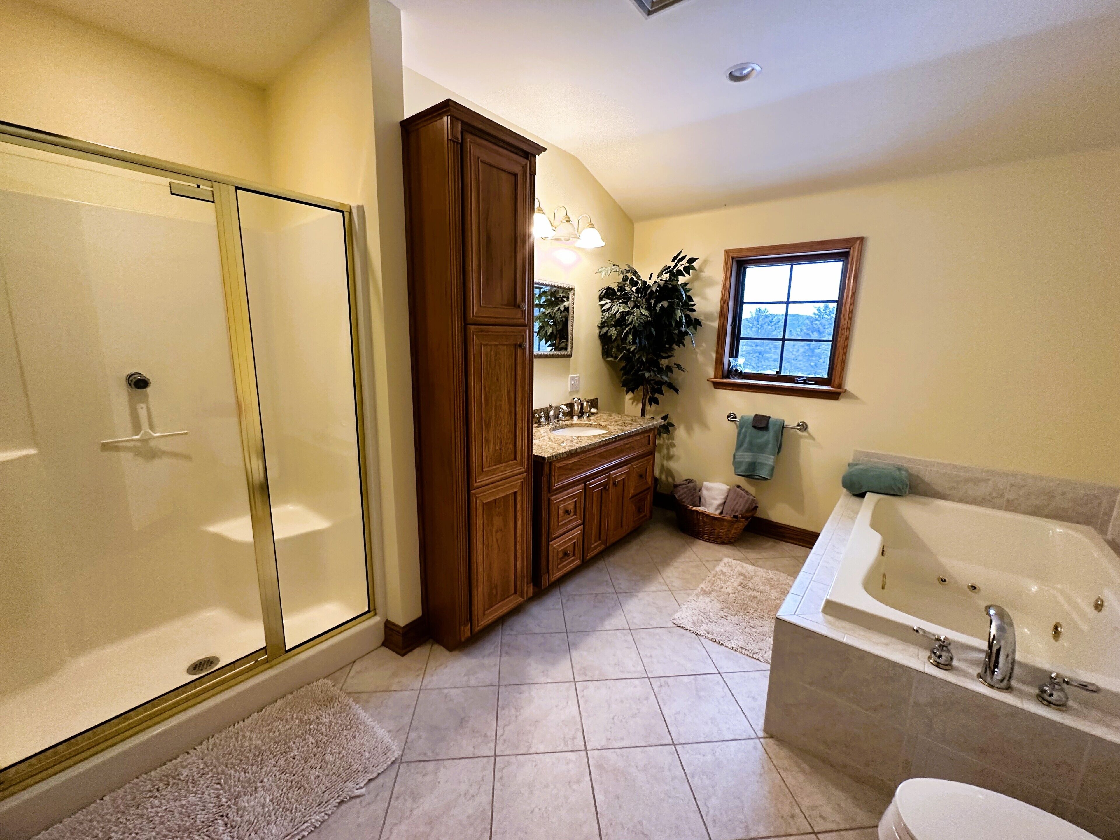 A bathroom with a walk-in shower, wooden cabinets, a large bathtub, and a window with a view.