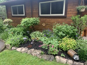 Stroll through the serene garden, surrounded by vibrant flowers and lush greenery, and enter the cozy cabin with two windows and a charming exterior.