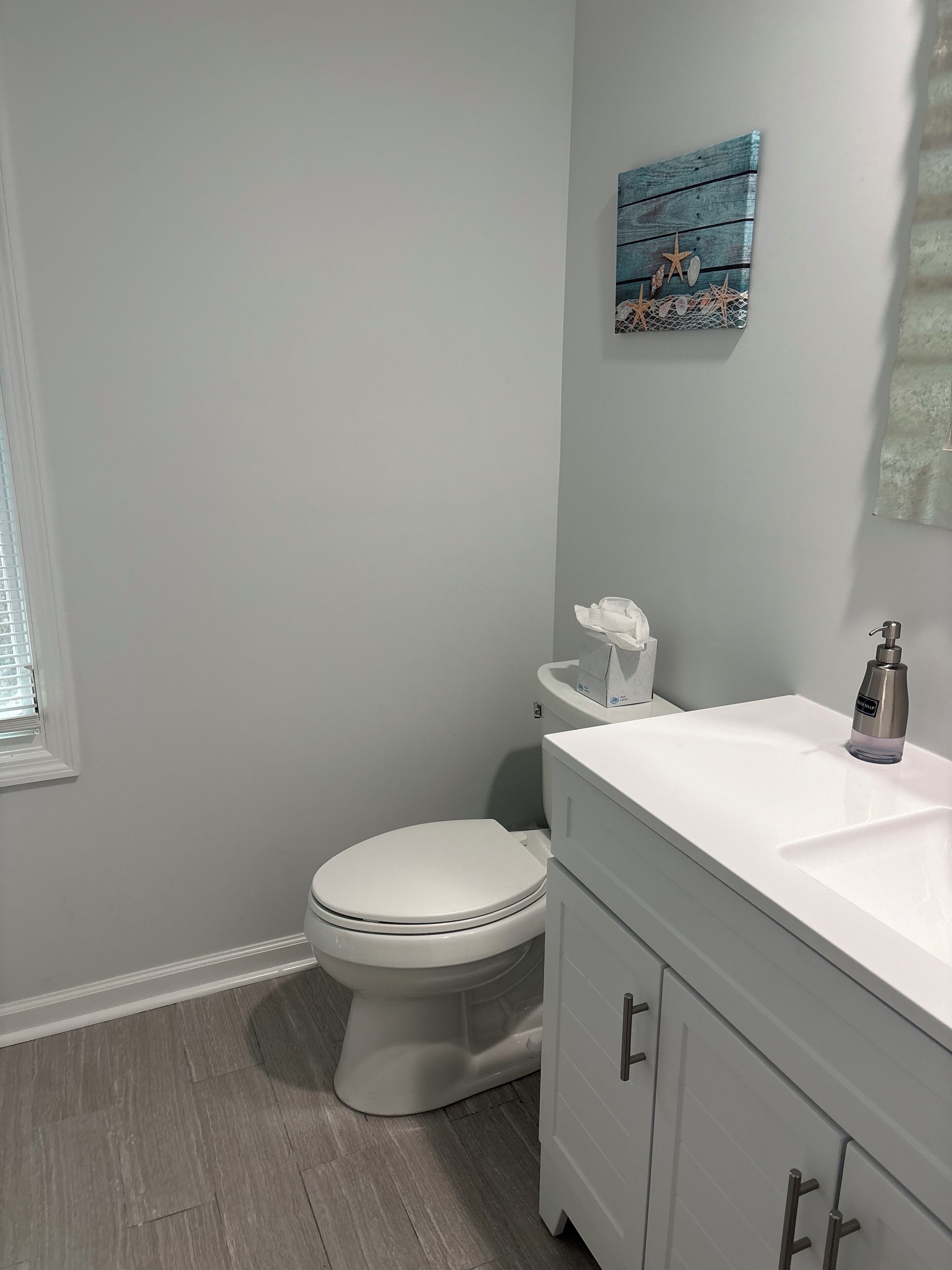 A bathroom with a white toilet, a white sink, and a decorative wall piece.