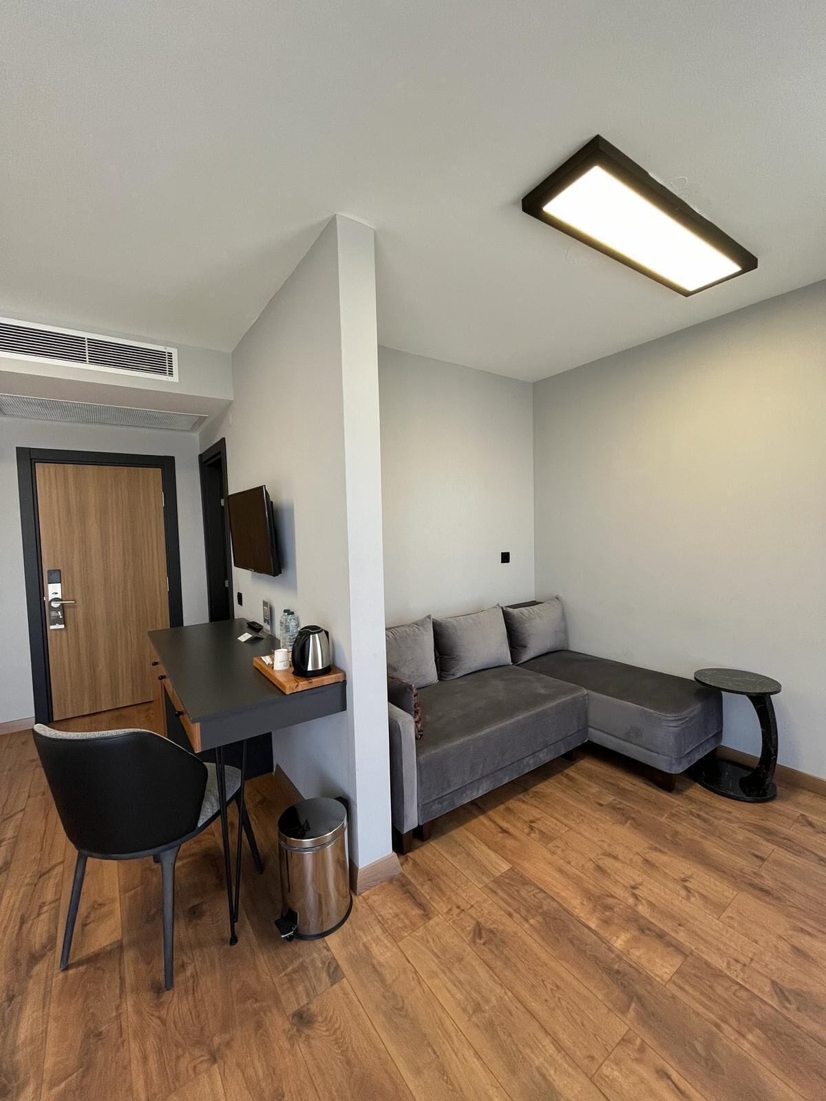 Ein moderner, kompakter Wohnraum mit Holzboden, einem grauen Sofa, einem kleinen Tisch, einem an der Wand befestigten Fernseher und einer Deckenleuchte.
