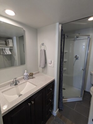 Shower, hair dryer, towels, soap