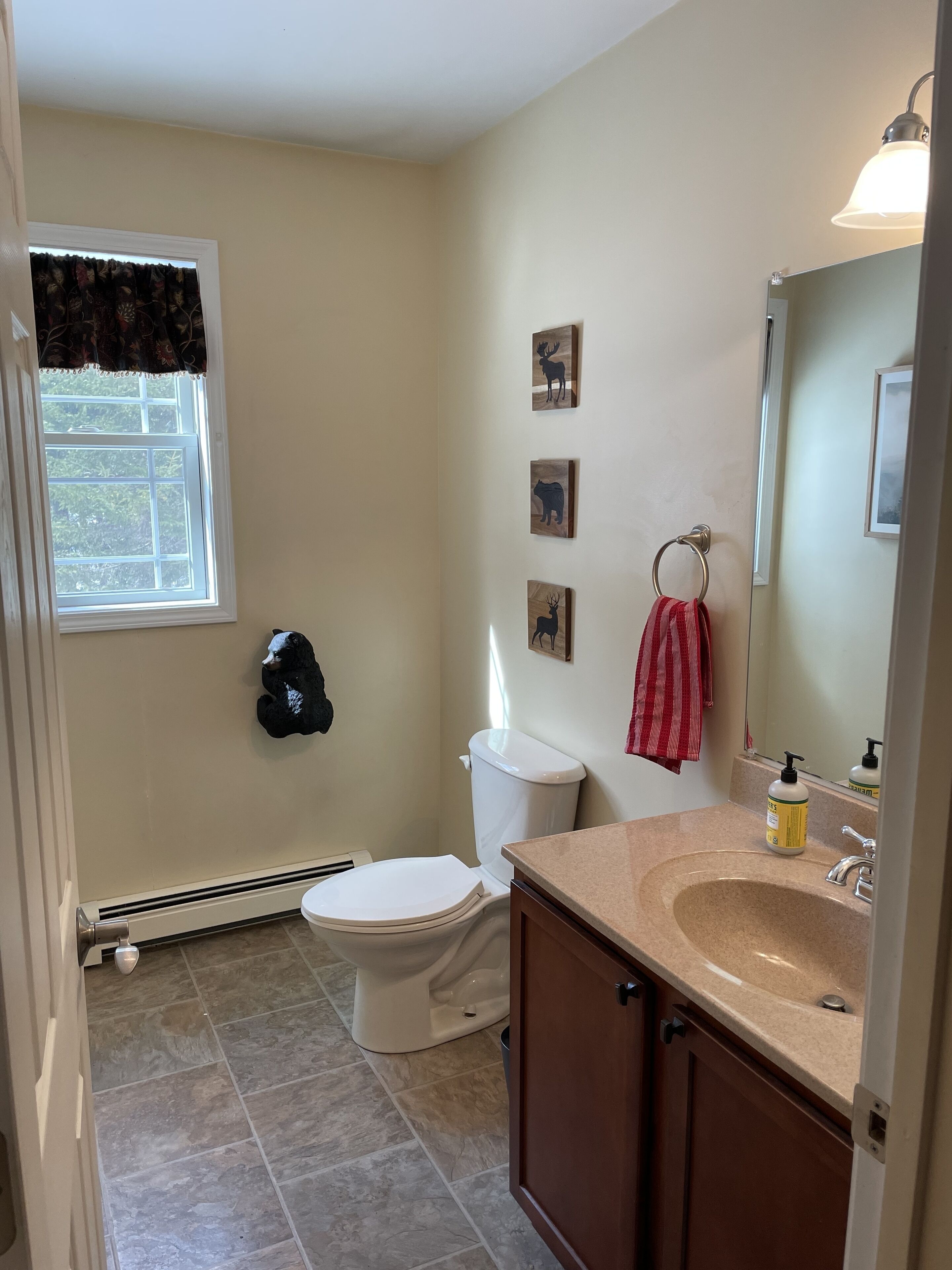Une salle de bain équipée de toilettes, d’un lavabo et d’une fenêtre avec un rideau.