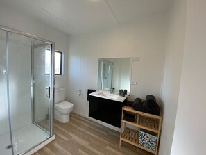 Shower, towels, soap, toilet paper