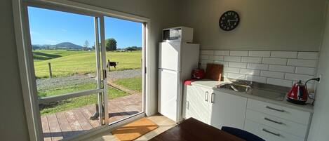 Fridge, microwave, electric kettle, toaster