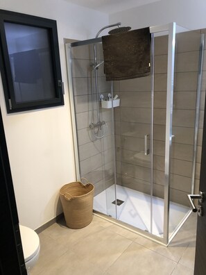 Een douche, handdoeken, toiletpapier