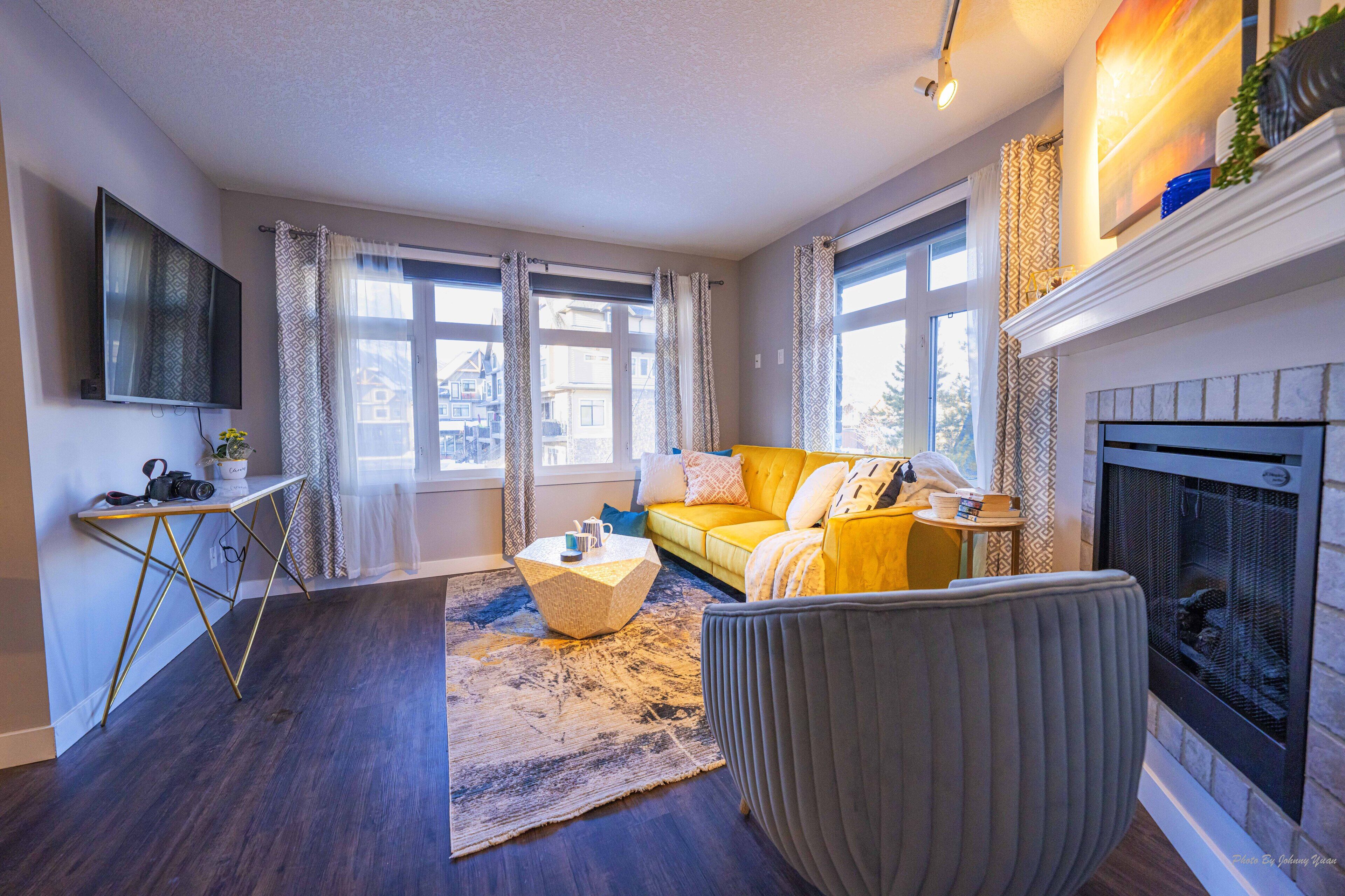 Smart TV, fireplace, books