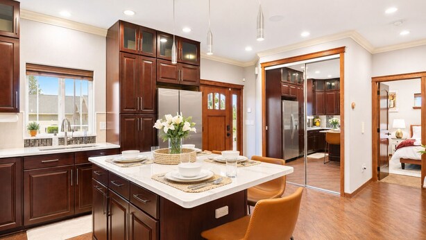 A modern kitchen with wooden cabinets, a central island, and a dining area with chairs.