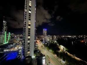 Experience the vibrant city atmosphere from the comfort of this high-rise building.