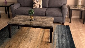 A living room with a grey sofa, a coffee table, a patterned rug, and decorative items on the walls.