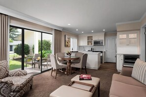 A modern apartment with a dining area, kitchen, and living room. - No Boring Days in this Resort! Golf Course, Tennis Courts, FREE Parking! (Napa)