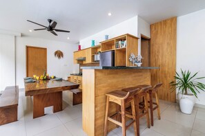 Fridge, microwave, stovetop, coffee/tea maker