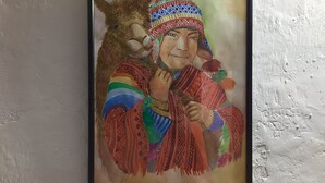 A framed painting of a person in colorful traditional attire holding a llama.