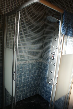 Combined shower/tub, hair dryer