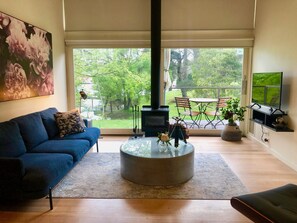 Fireplace, DVD player, books, video library