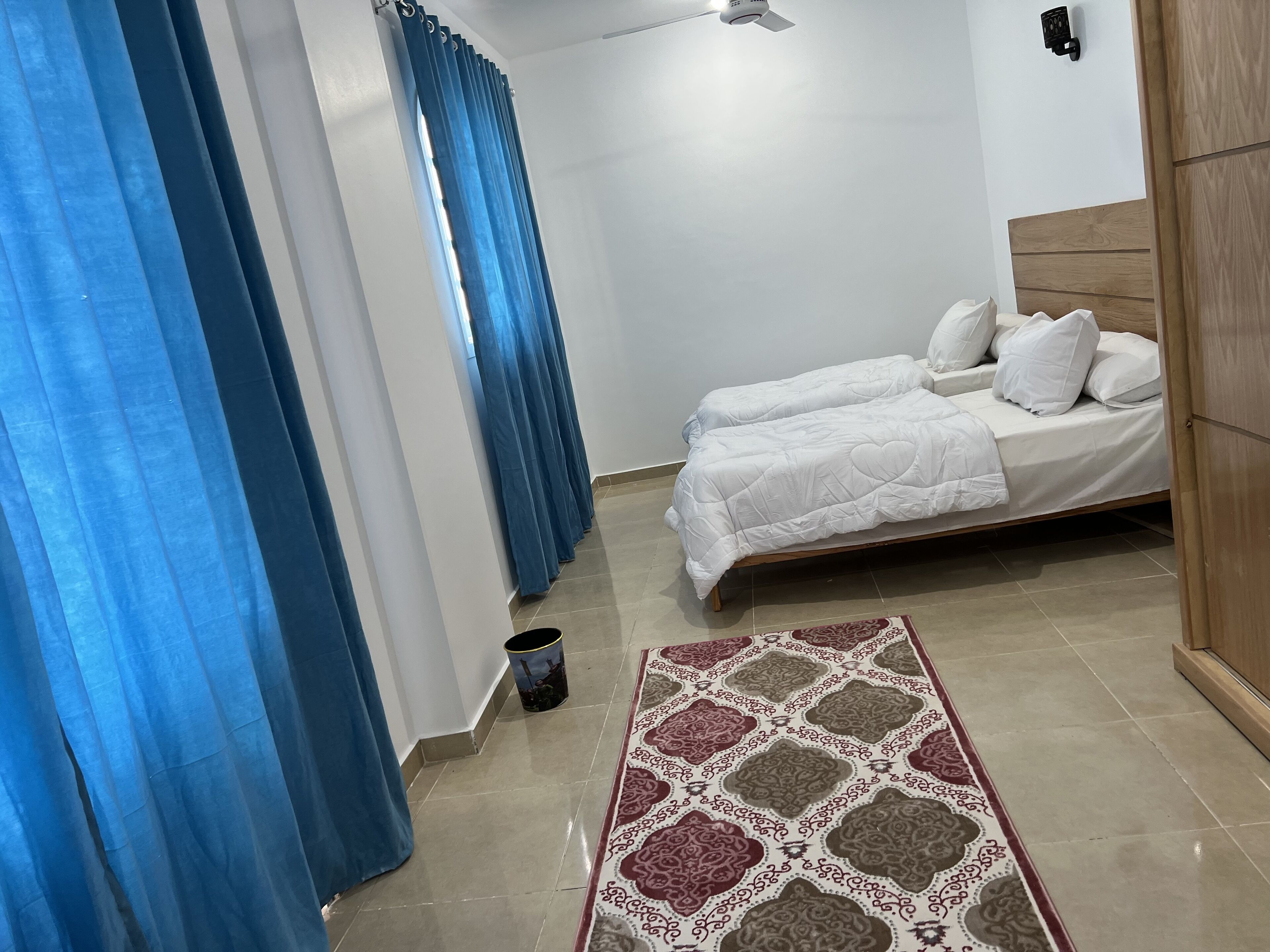 A bedroom with two beds, a patterned rug, and blue curtains.
