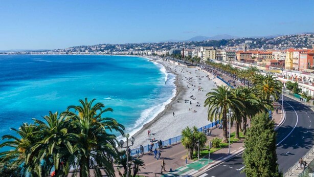 A coastal cityscape with a beach, palm trees, and a road with a green bike lane. - Beautiful 120m2 Flat in bourgeois building with terrace (Cannes)