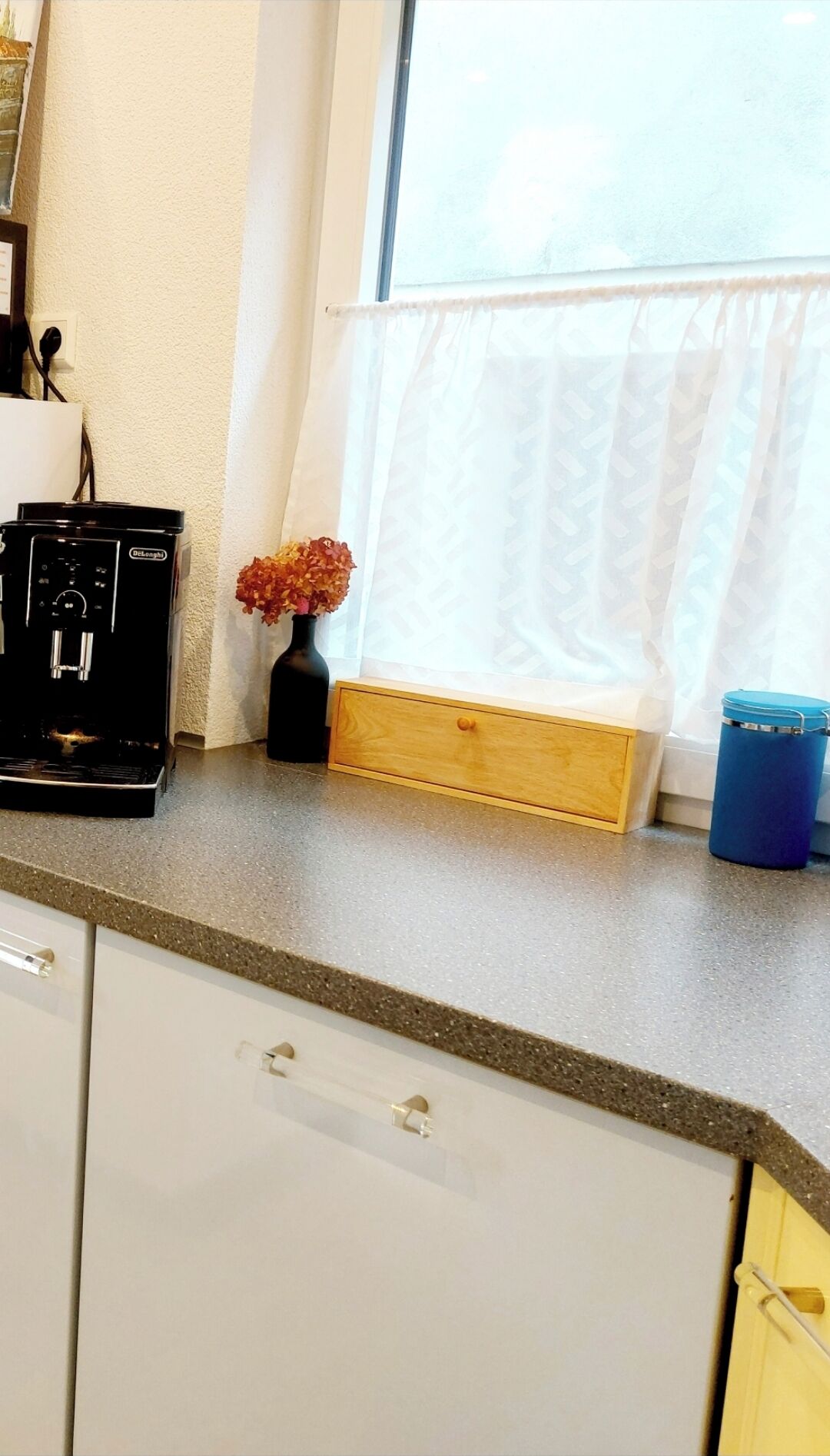 A kitchen with a coffee maker, a vase with dried flowers, a wooden box, and a blue container.