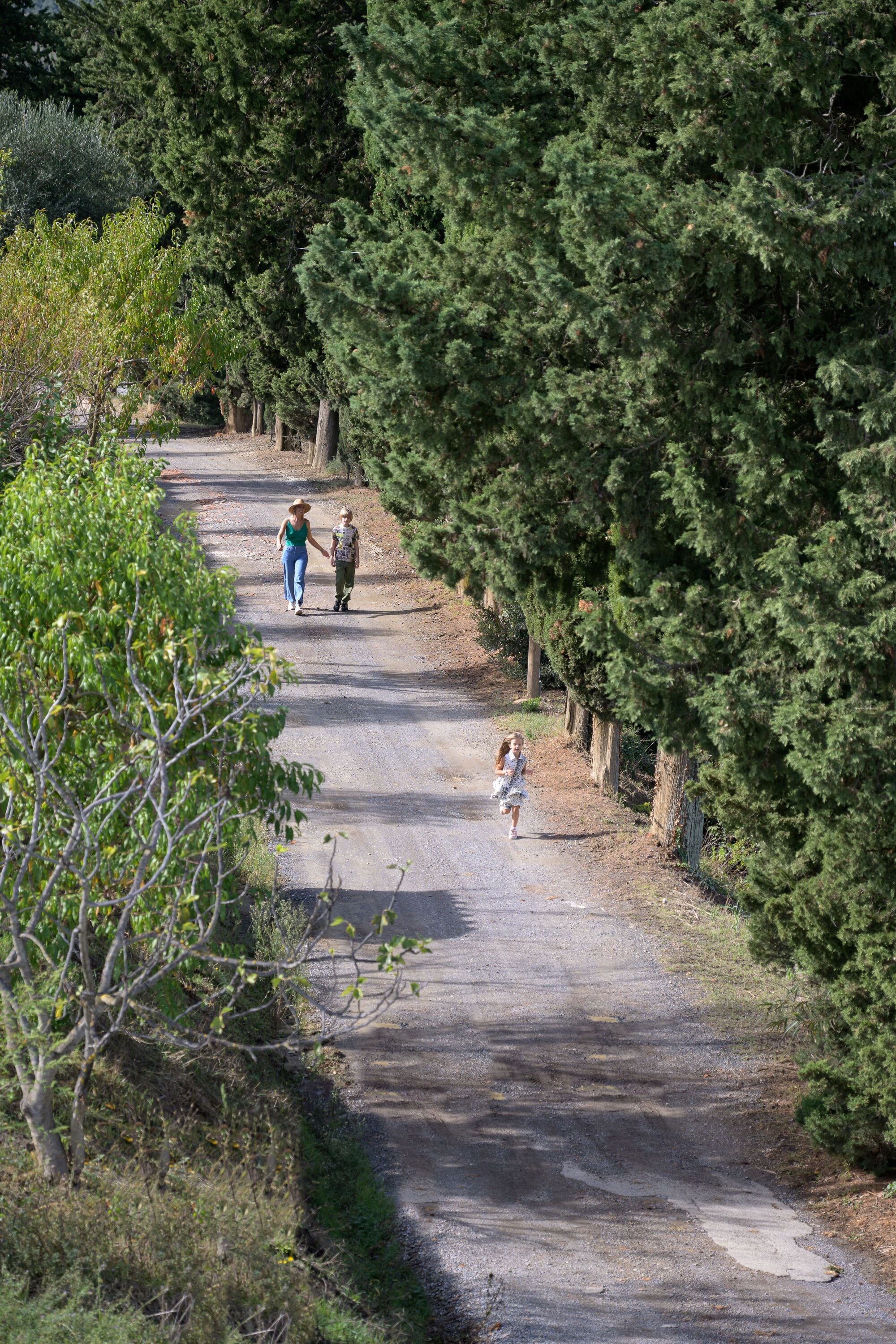 A rural road flanked by dense trees, with two people walking and a child playing.