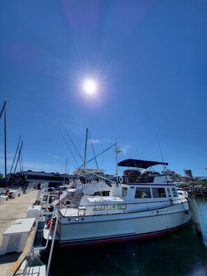 A marina with boats docked, a clear sky, and a bright sun.
