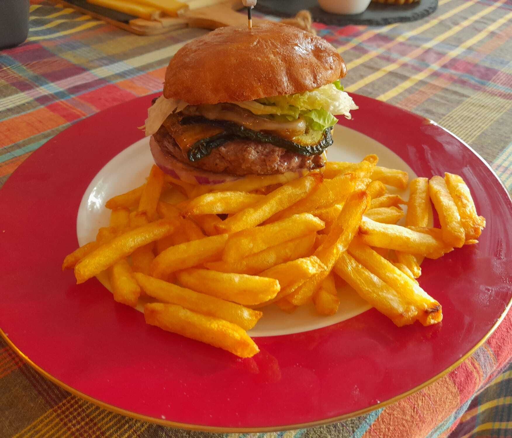 A plate with a hamburger and fries on a red plate.