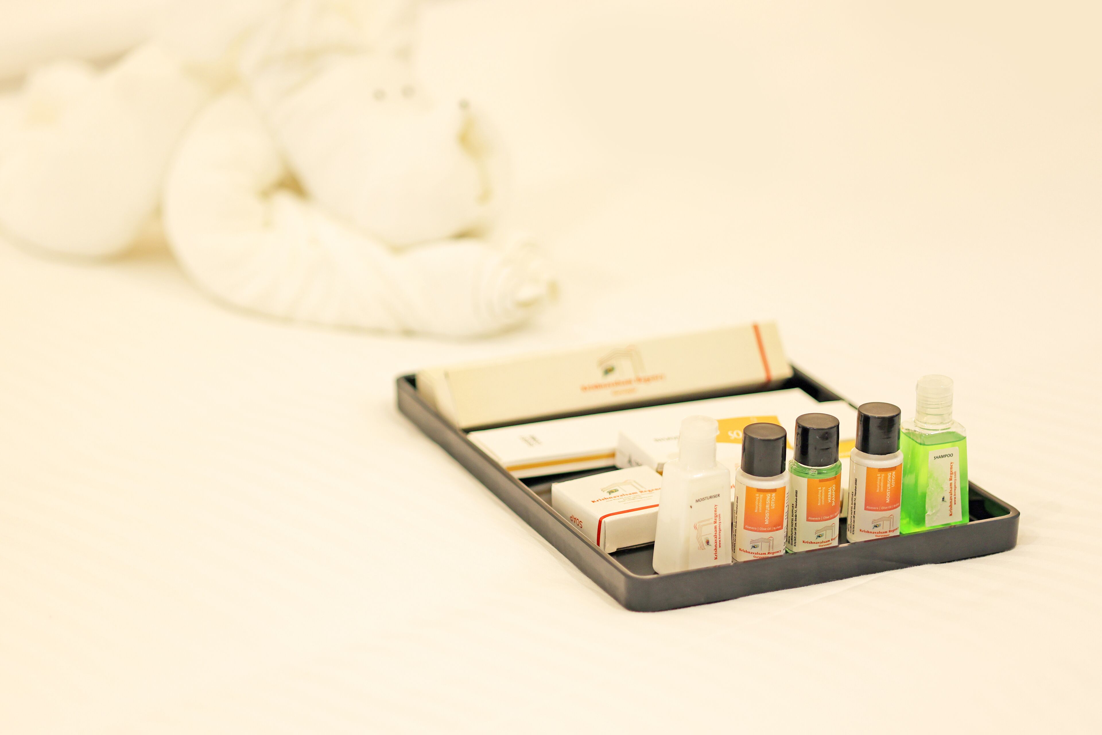 Un plateau contenant des articles de toilette, notamment un flacon de shampoing, un flacon d’après-shampoing et une boîte de lotion.