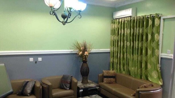 A room with a green wall, a blue wainscoting, a brown sofa, a small table, and a decorative vase. - Blue-view Suites & Apartments (Abuja)